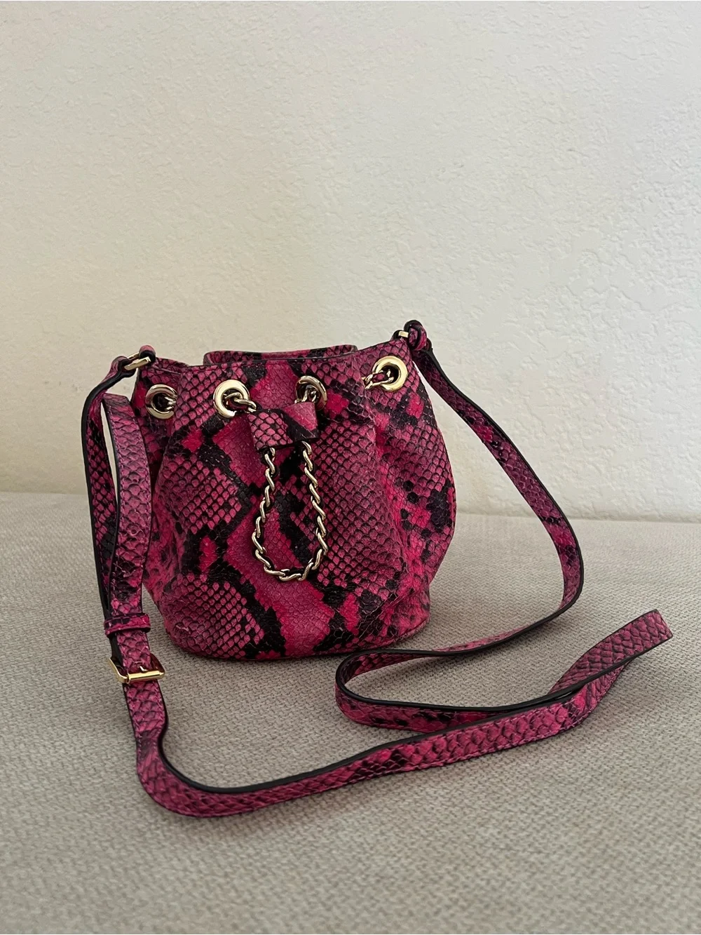 Michael Kors Hot Pink Snakeskin-Print Drawstring Crossbody